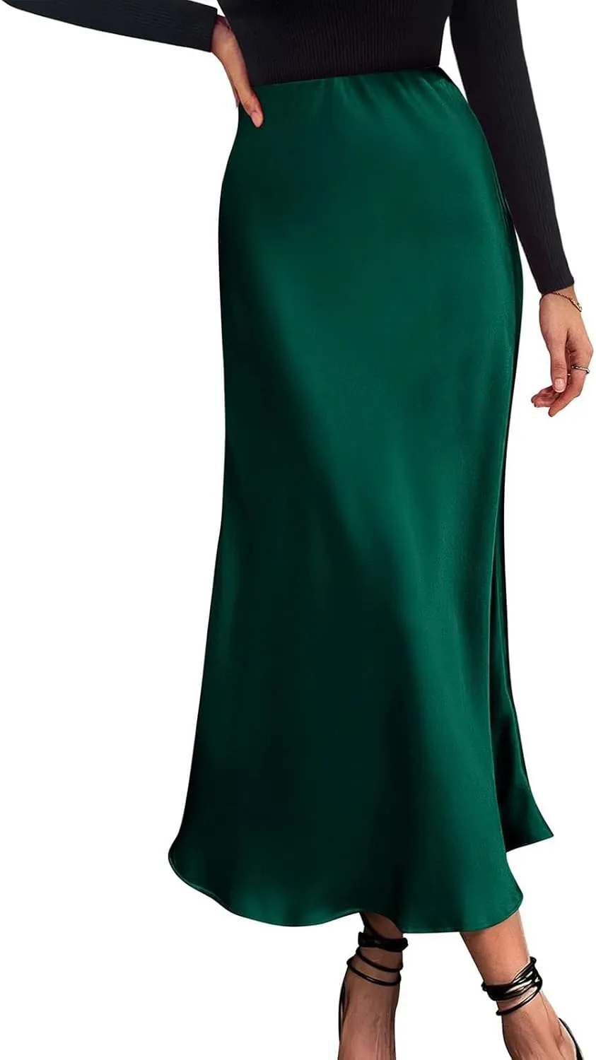 Womens High Waist Midi Skirts Summer Spring Elegant Satin Silk A-Line Skirts Dressy Flowy Cocktail Party Wedding Skirt