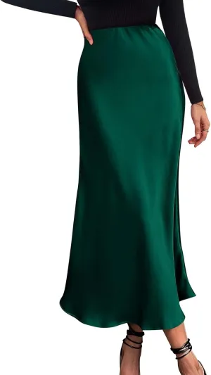 Womens High Waist Midi Skirts Summer Spring Elegant Satin Silk A-Line Skirts Dressy Flowy Cocktail Party Wedding Skirt