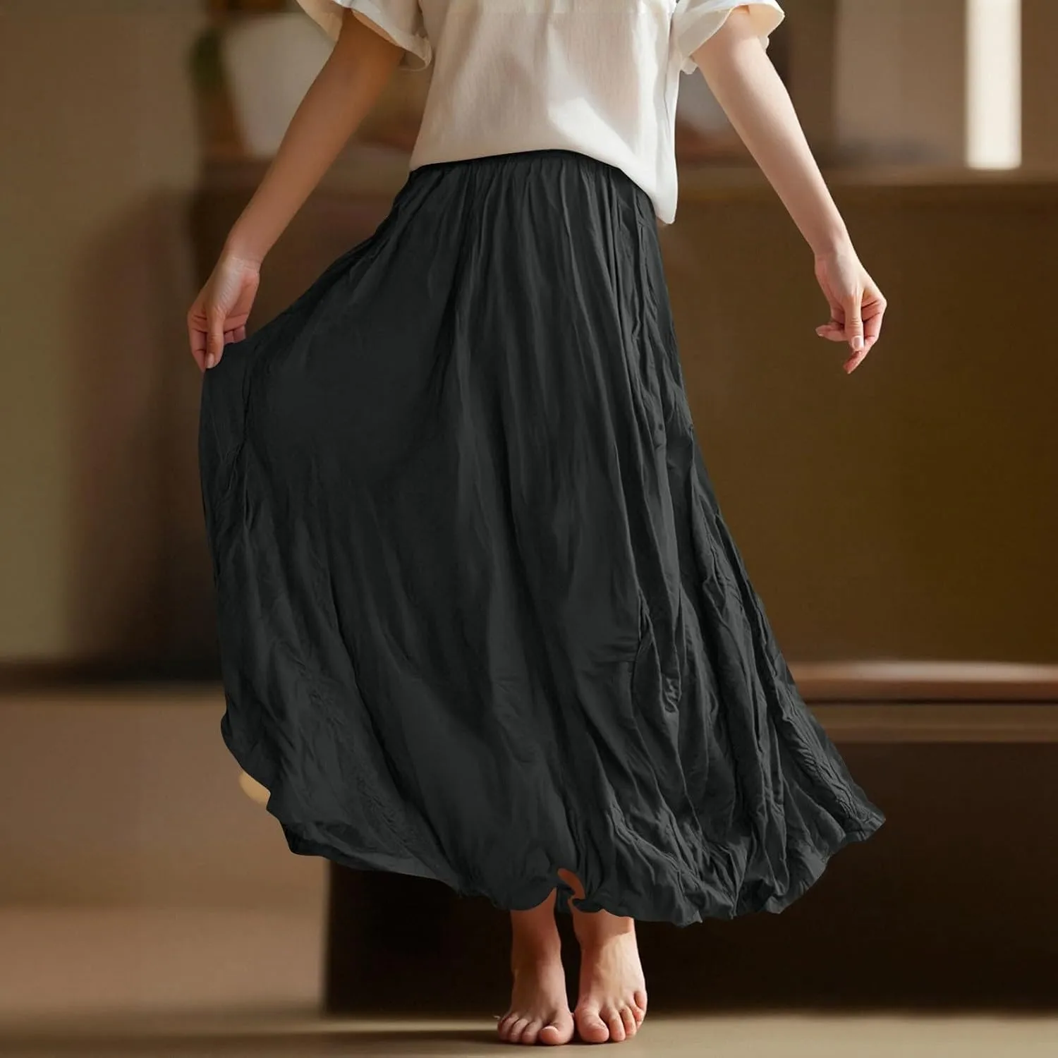 Women's Maxi Dresses 2025 Long Elastic High Waist Retro Pleated A-Line Flared Maxi Skirts, S-XL