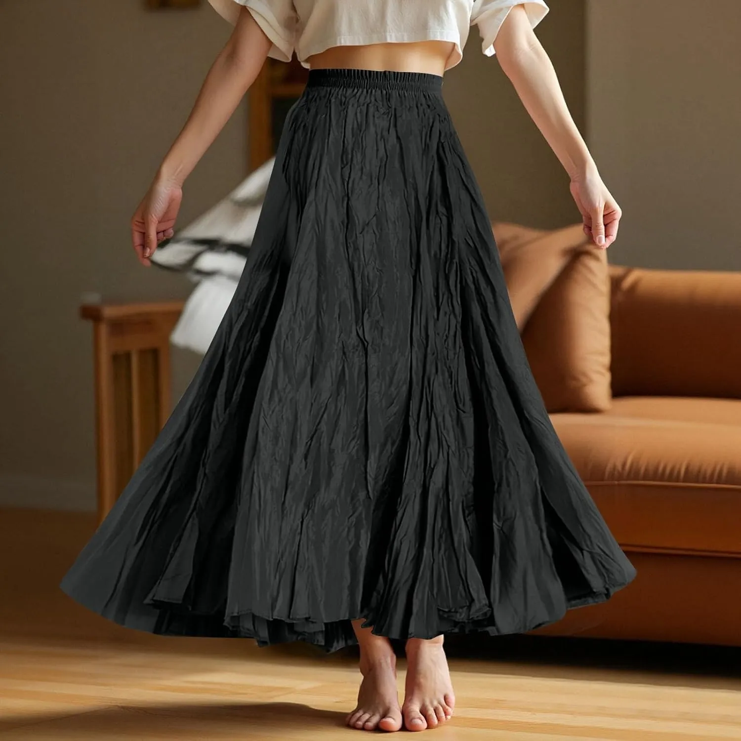Women's Maxi Dresses 2025 Long Elastic High Waist Retro Pleated A-Line Flared Maxi Skirts, S-XL