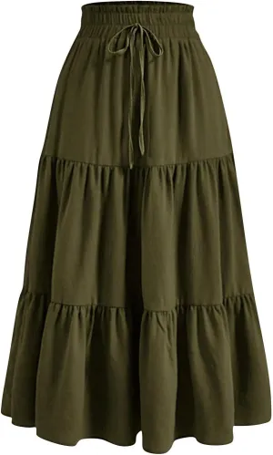 Womens Maxi Skirt Boho High Waisted Tiered Ruffle Floral Skirt Trendy Summer Flowy A Line Beach Skirt Cruise Outfits