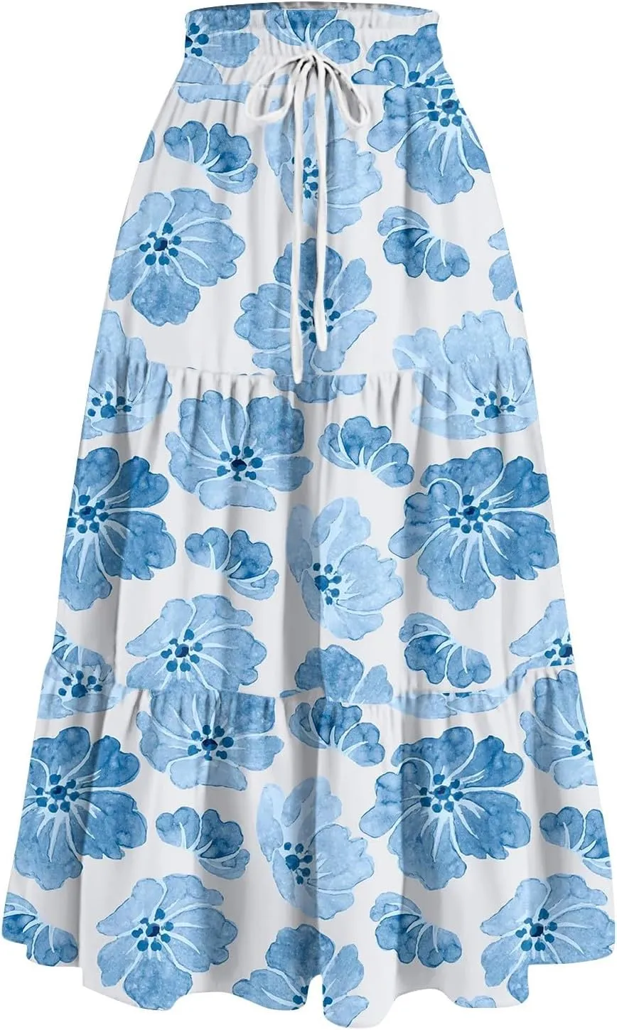 Women's Pleated Skirt Summer Casual Loose Trendy Elastic Waist Floral Print Bohemian Sun A-Line Maxi Skirts 2025, S-2XL
