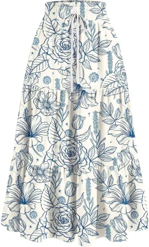 Women's Pleated Skirt Summer Casual Loose Trendy Elastic Waist Floral Print Bohemian Sun A-Line Maxi Skirts 2025, S-2XL