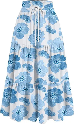 Women's Pleated Skirt Summer Casual Loose Trendy Elastic Waist Floral Print Bohemian Sun A-Line Maxi Skirts 2025, S-2XL