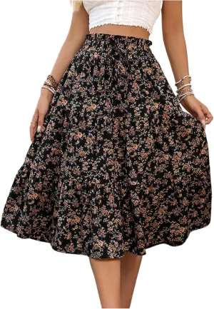 Women's Pleated Skirts Boho Floral Skirt Casual Elastic High Waist Maxi Skirts Flowy A Line Beach Skirt, S-XL