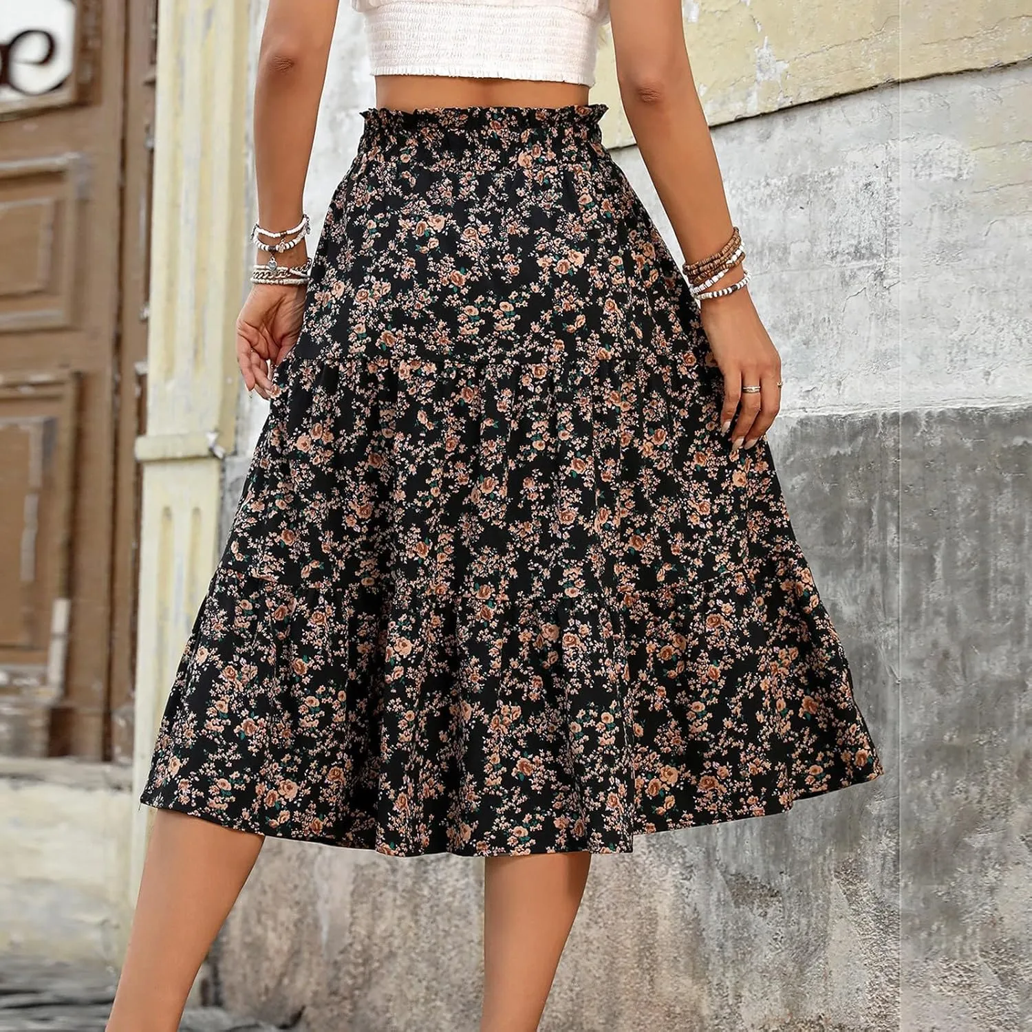 Women's Pleated Skirts Boho Floral Skirt Casual Elastic High Waist Maxi Skirts Flowy A Line Beach Skirt, S-XL