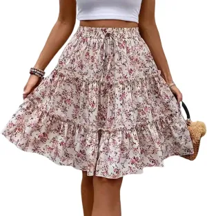 Women's Pleated Skirts Boho Floral Skirt Casual Elastic High Waist Maxi Skirts Flowy A Line Beach Skirt, S-XL