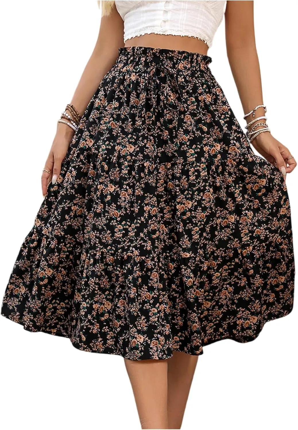 Women's Pleated Skirts Boho Floral Skirt Casual Elastic High Waist Maxi Skirts Flowy A Line Beach Skirt, S-XL
