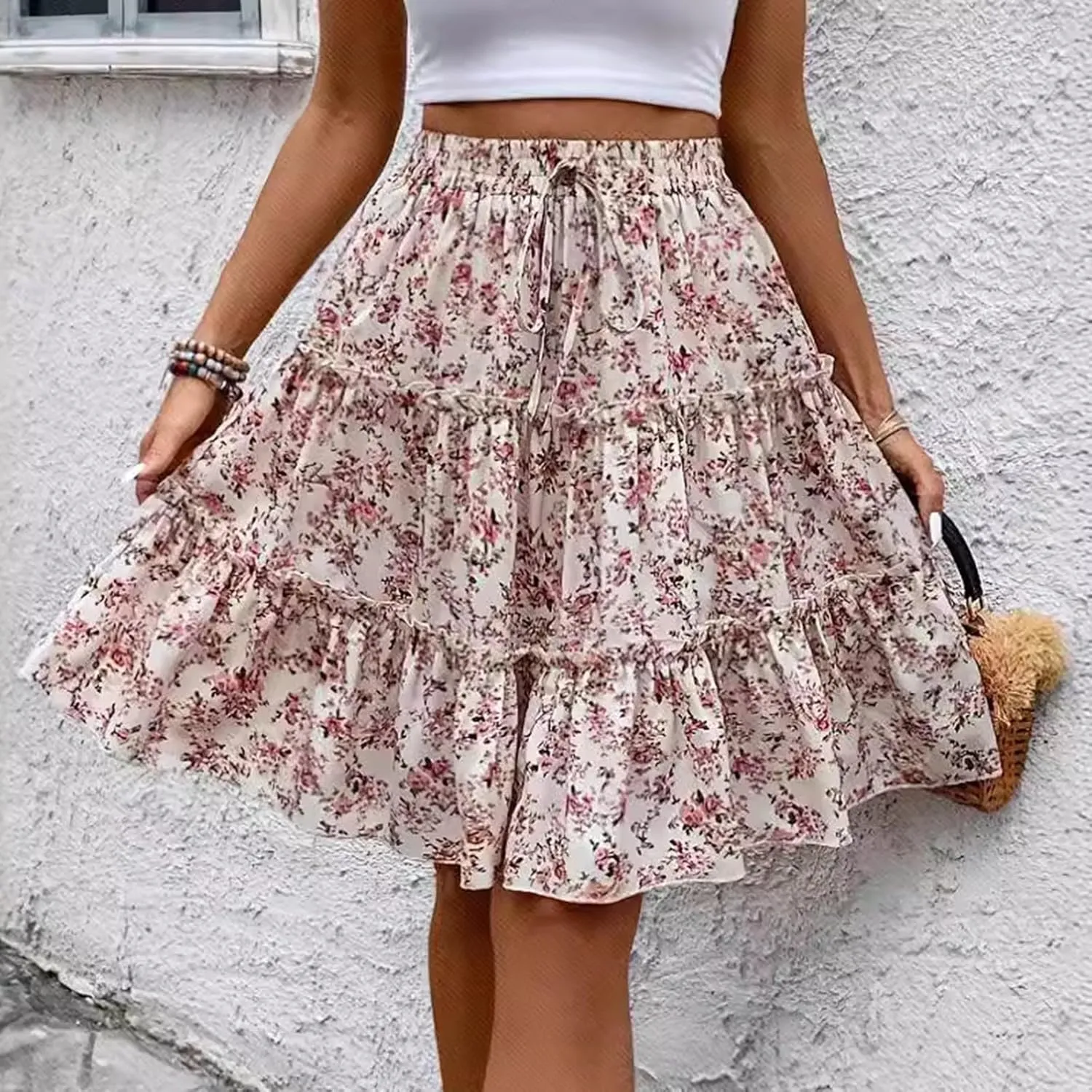 Women's Pleated Skirts Boho Floral Skirt Casual Elastic High Waist Maxi Skirts Flowy A Line Beach Skirt, S-XL