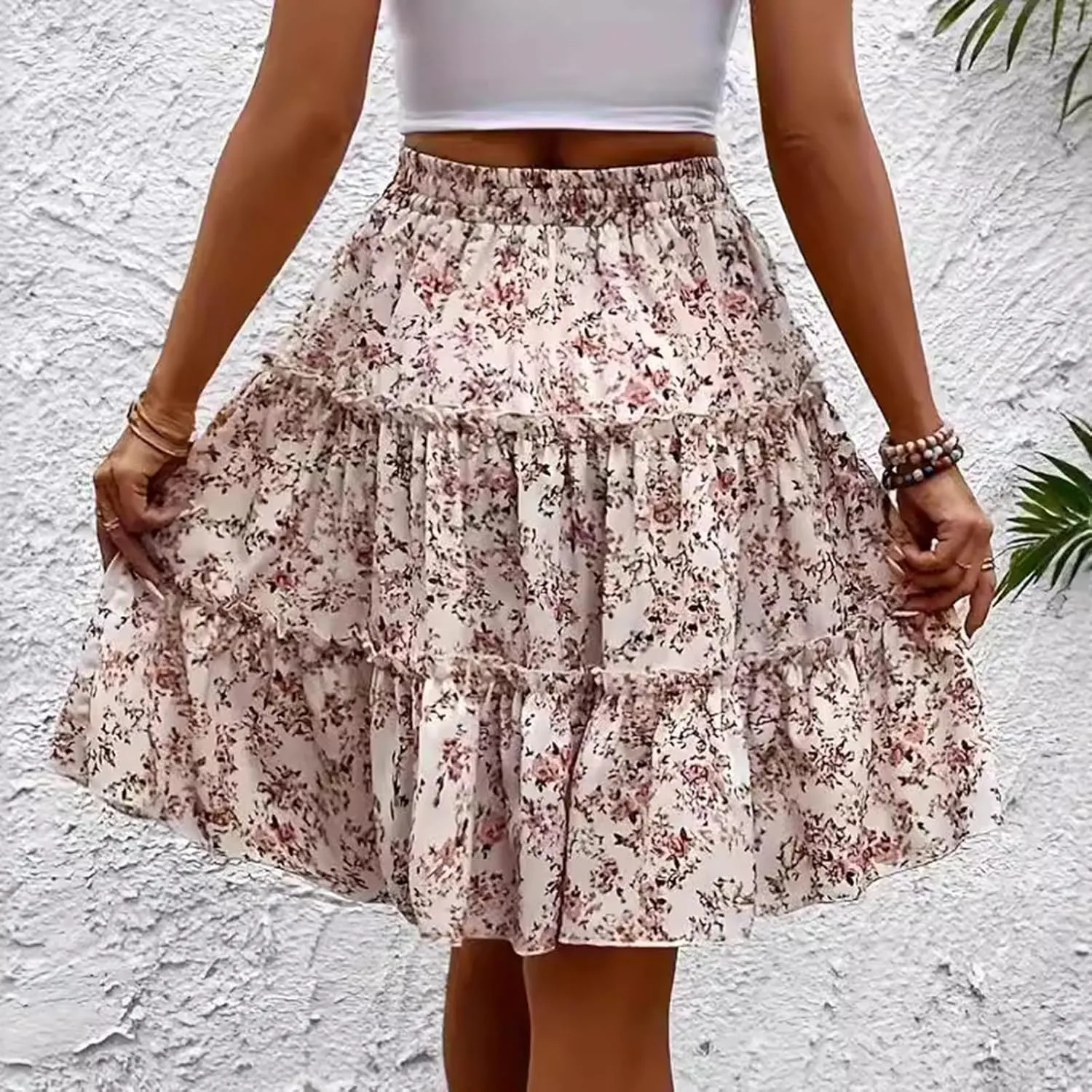 Women's Pleated Skirts Boho Floral Skirt Casual Elastic High Waist Maxi Skirts Flowy A Line Beach Skirt, S-XL