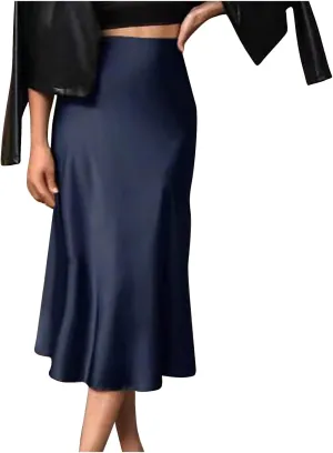 Women's Silk Satin Maxi Skirt High Waist Elegant A Line Fishtail Summer Wedding Work Ruffle Hem Flared Long Skirt