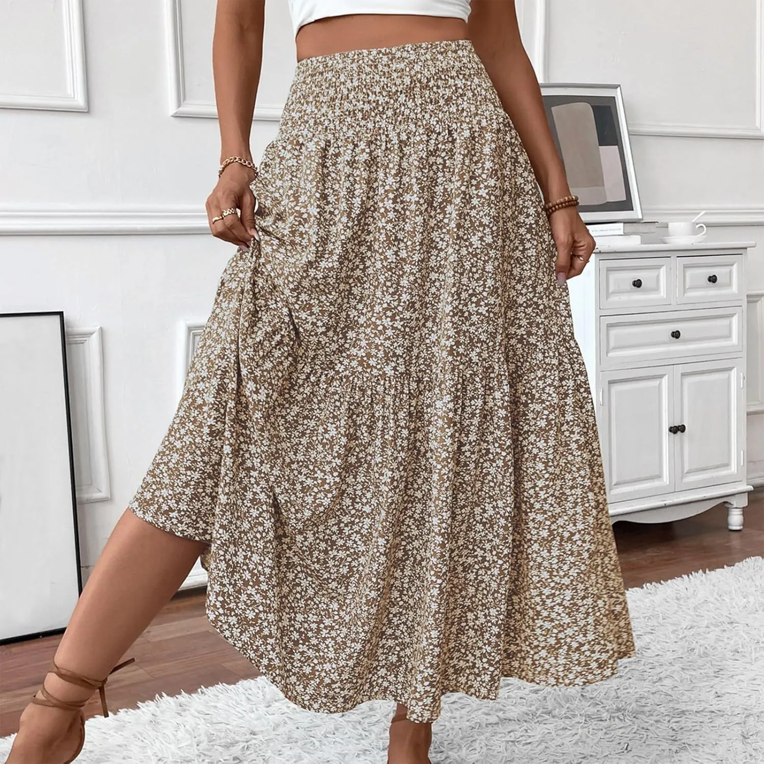 Women's Skirt Trendy Summer Bohemian Long Skirts Flowy High Waist A Line Maxi Skirts Pleated, S-XL