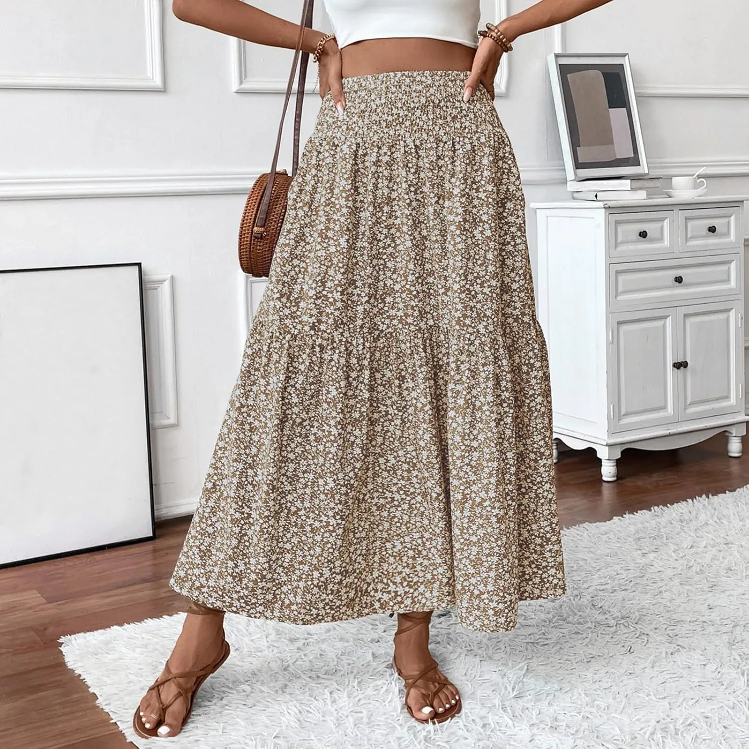 Women's Skirt Trendy Summer Bohemian Long Skirts Flowy High Waist A Line Maxi Skirts Pleated, S-XL