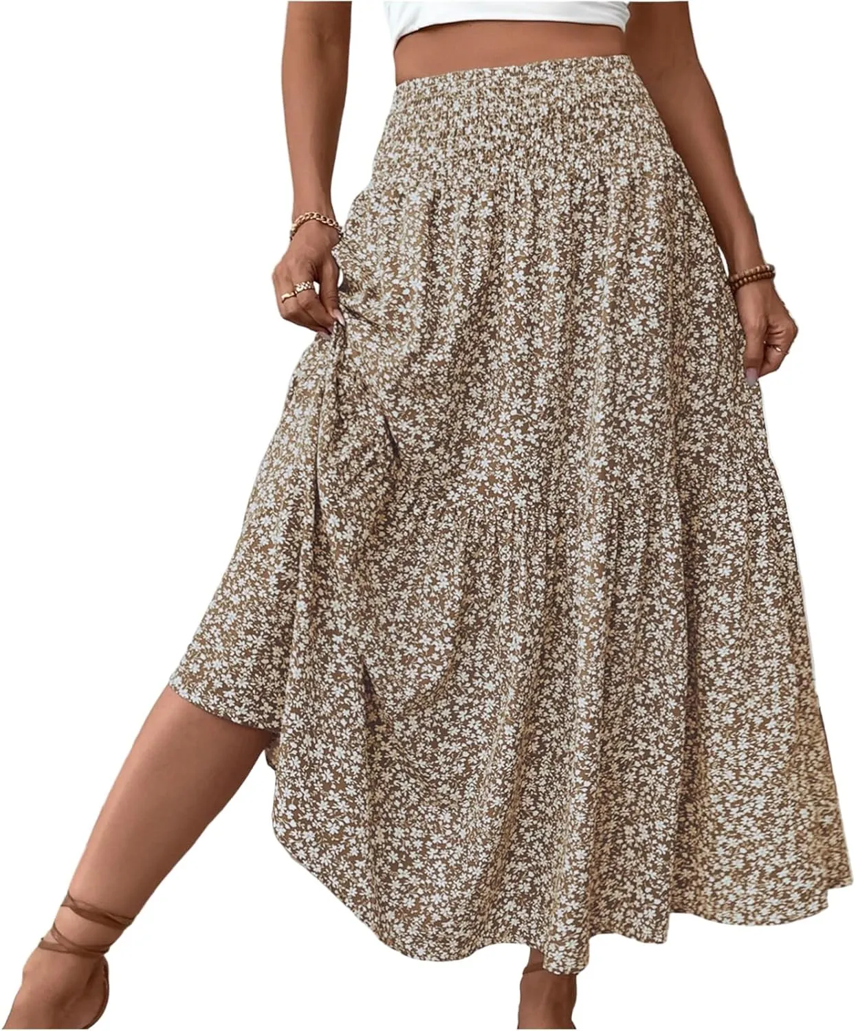 Women's Skirt Trendy Summer Bohemian Long Skirts Flowy High Waist A Line Maxi Skirts Pleated, S-XL