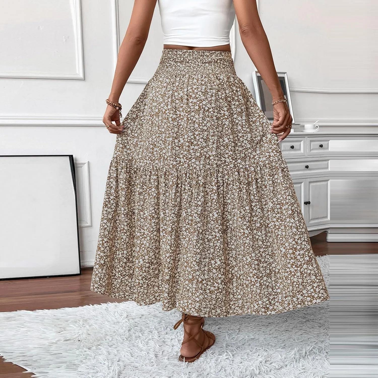 Women's Skirt Trendy Summer Bohemian Long Skirts Flowy High Waist A Line Maxi Skirts Pleated, S-XL