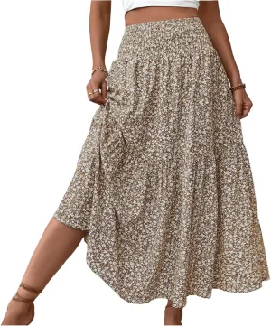 Women's Skirt Trendy Summer Bohemian Long Skirts Flowy High Waist A Line Maxi Skirts Pleated, S-XL