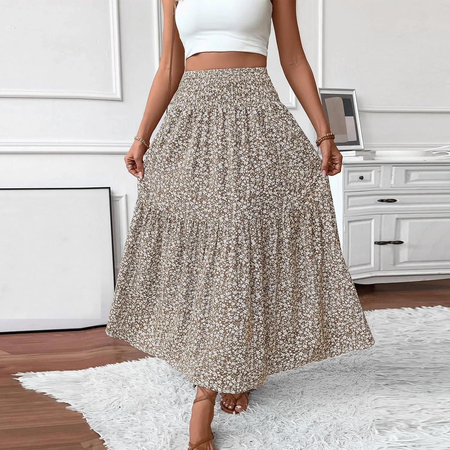 Women's Skirt Trendy Summer Bohemian Long Skirts Flowy High Waist A Line Maxi Skirts Pleated, S-XL