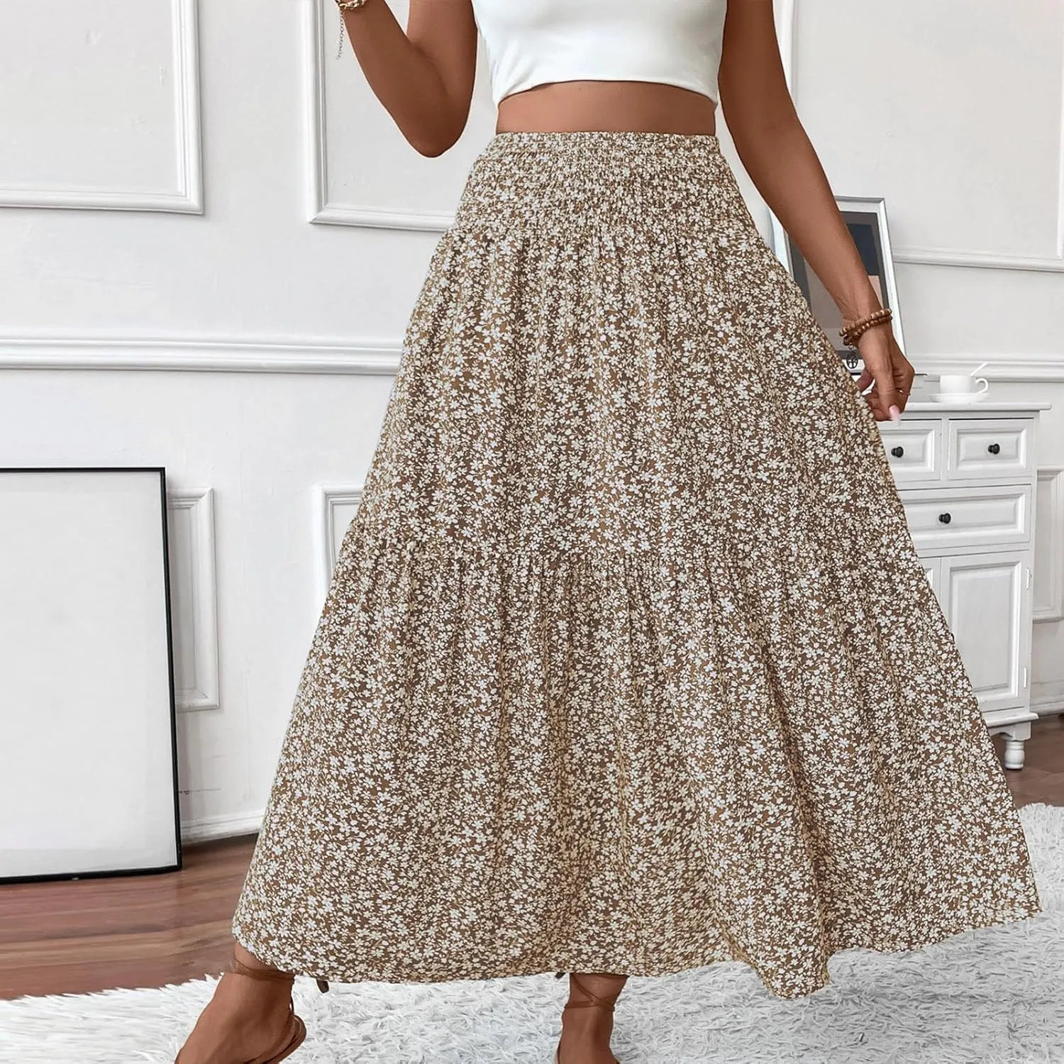 Women's Skirt Trendy Summer Bohemian Long Skirts Flowy High Waist A Line Maxi Skirts Pleated, S-XL