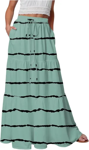 Women's Skirts Summer Casual High Waist Tie Boho Vacation Beach Long Skirt with Pockets 2025