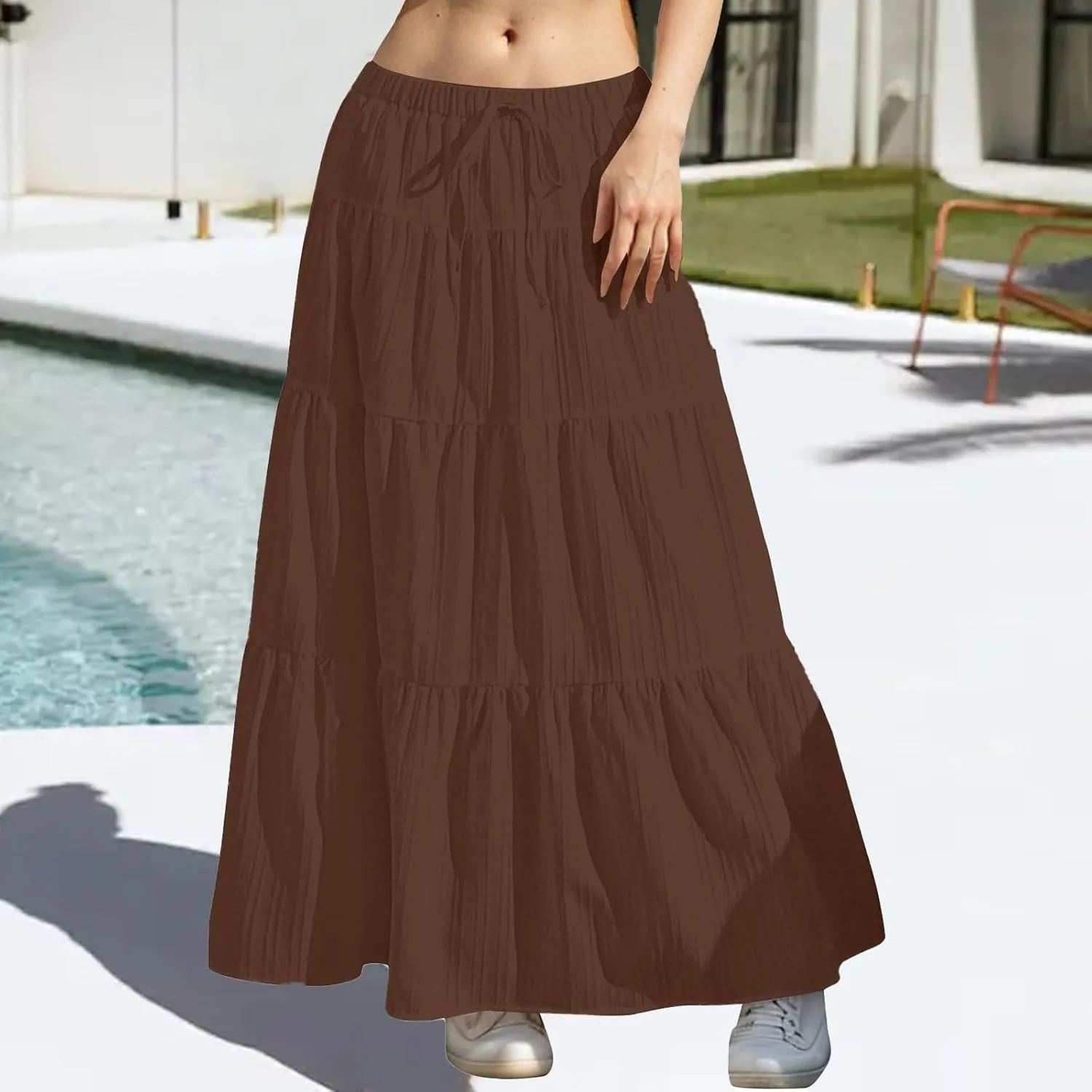 Women's Summer Casual Maxi Skirt Boho Flowy Swing Tiered A-Line Skirt 2025 Fashion Pleated Beach Long Skirts