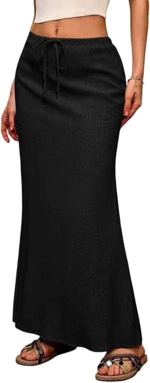 Womens Summer Maxi Skirts Elastic Waist Drawstring Back Slit Flared Skirt Casual Dressy Linen A-Line Flowy Long Skirt