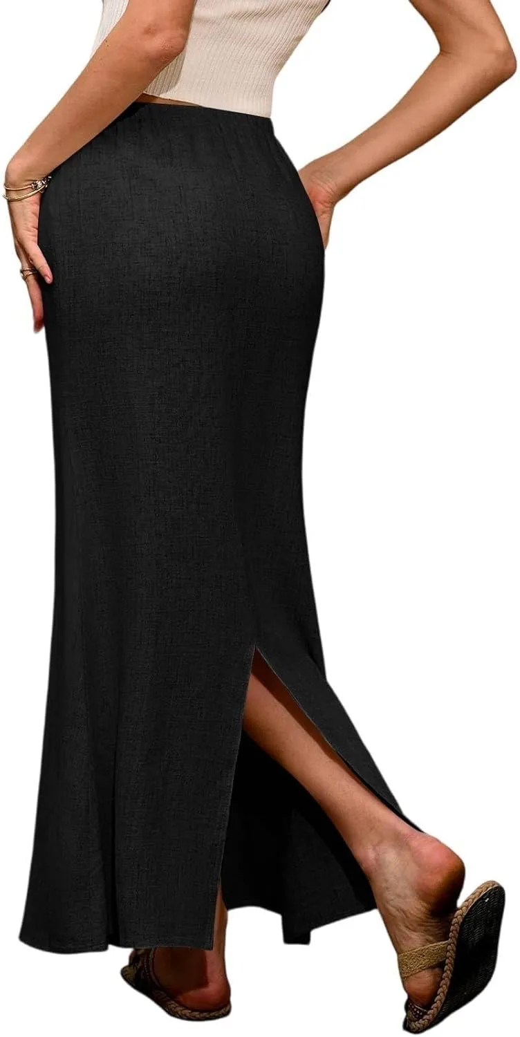 Womens Summer Maxi Skirts Elastic Waist Drawstring Back Slit Flared Skirt Casual Dressy Linen A-Line Flowy Long Skirt