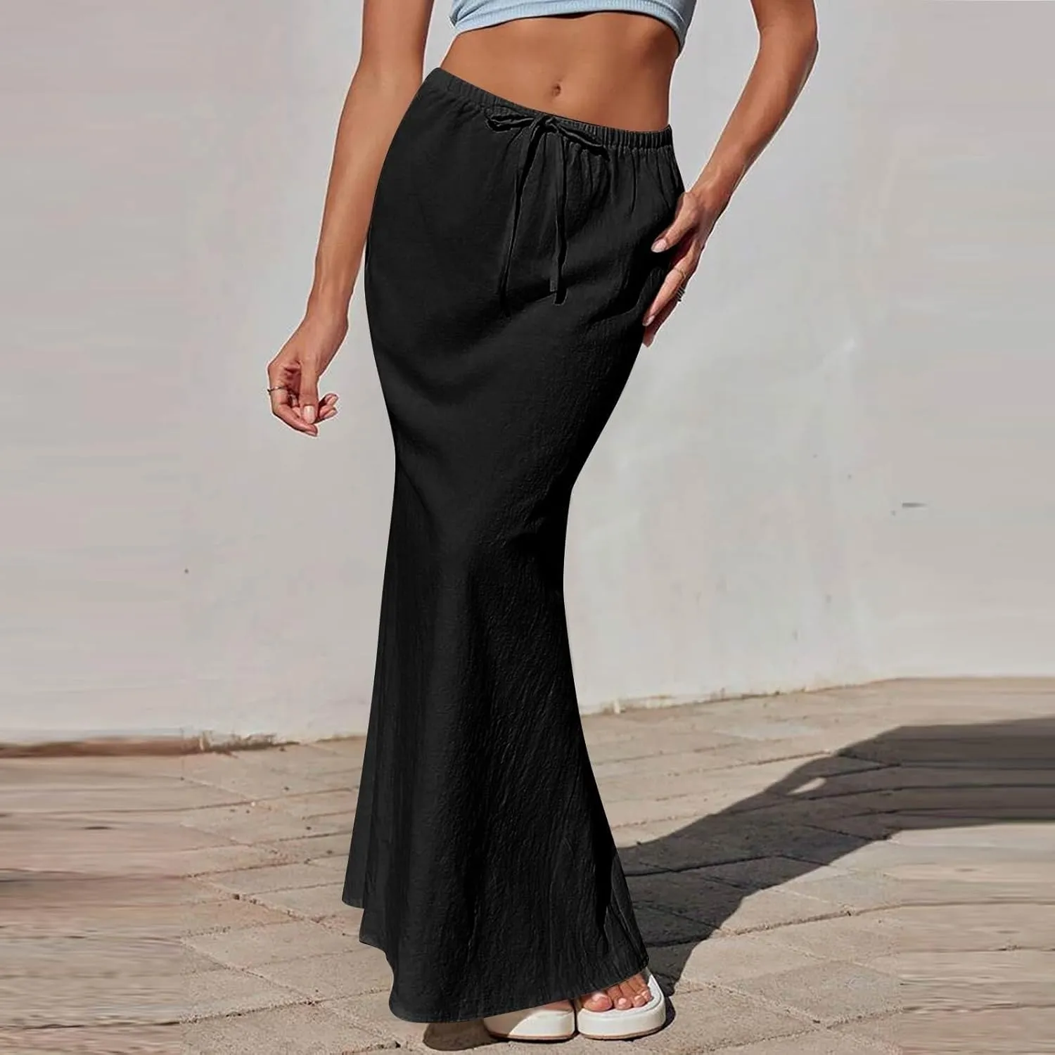 Womens Summer Maxi Skirts Elastic Waist Drawstring Back Slit Flared Skirt Casual Dressy Linen A-Line Flowy Long Skirt