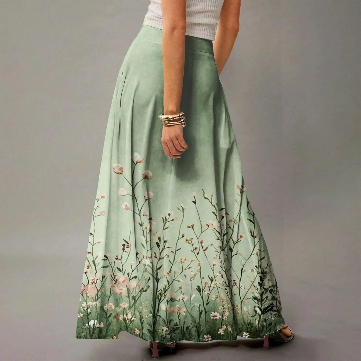 Women's Summer Skirts 2025 Elastic High Waist Flared Maxi Skirts Floral Swing Midi Casual Long Skirt, S-2XL