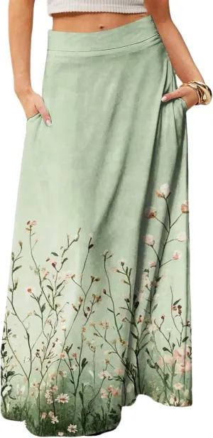 Women's Summer Skirts 2025 Elastic High Waist Flared Maxi Skirts Floral Swing Midi Casual Long Skirt, S-2XL