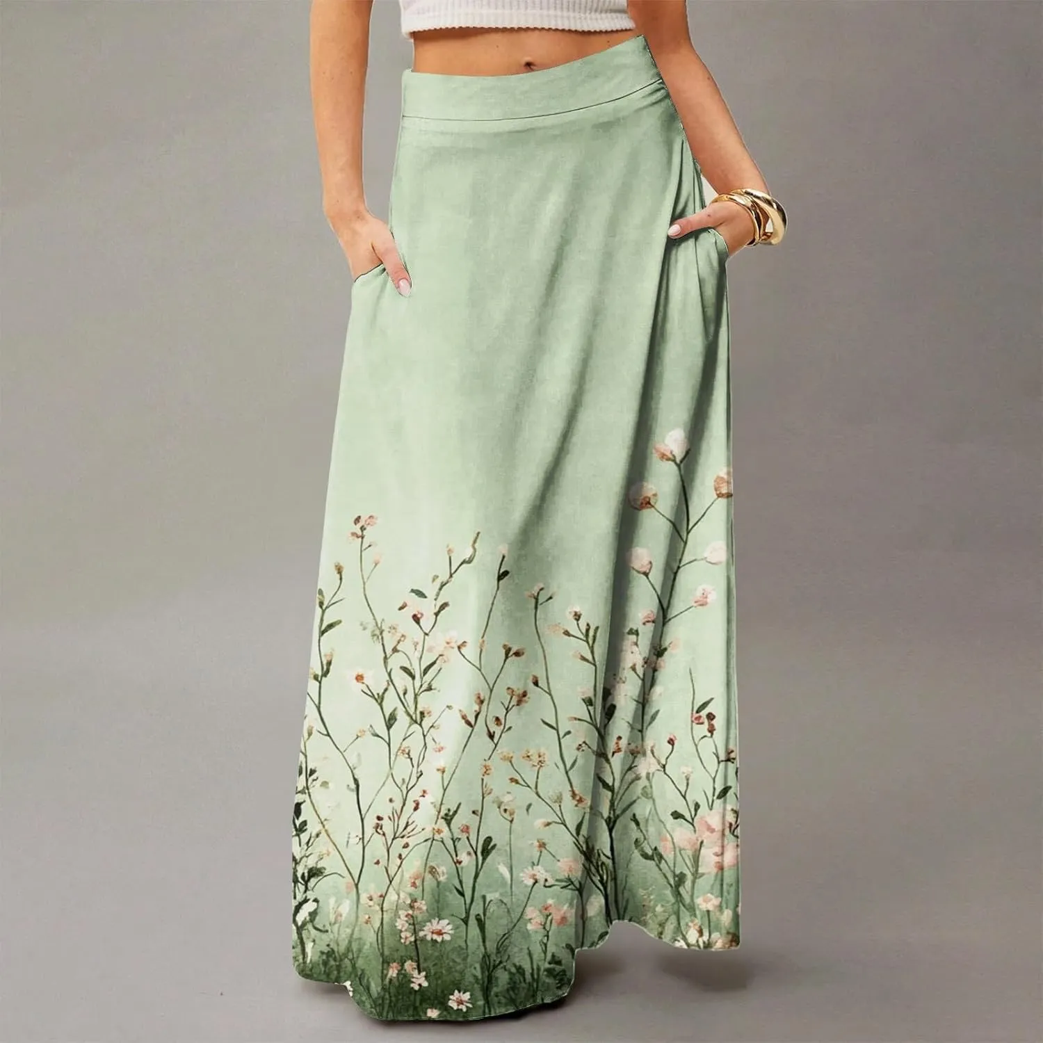 Women's Summer Skirts 2025 Elastic High Waist Flared Maxi Skirts Floral Swing Midi Casual Long Skirt, S-2XL