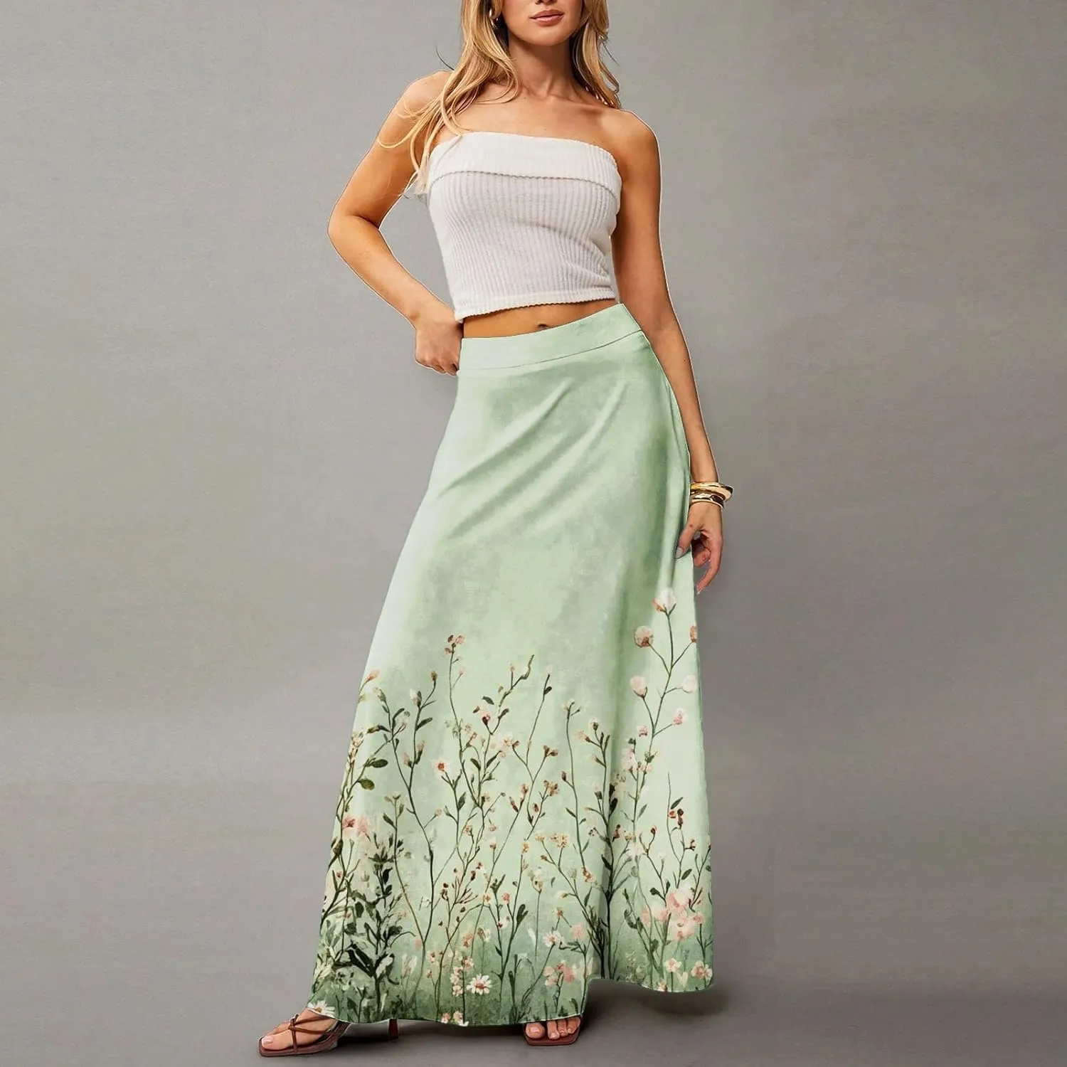Women's Summer Skirts 2025 Elastic High Waist Flared Maxi Skirts Floral Swing Midi Casual Long Skirt, S-2XL