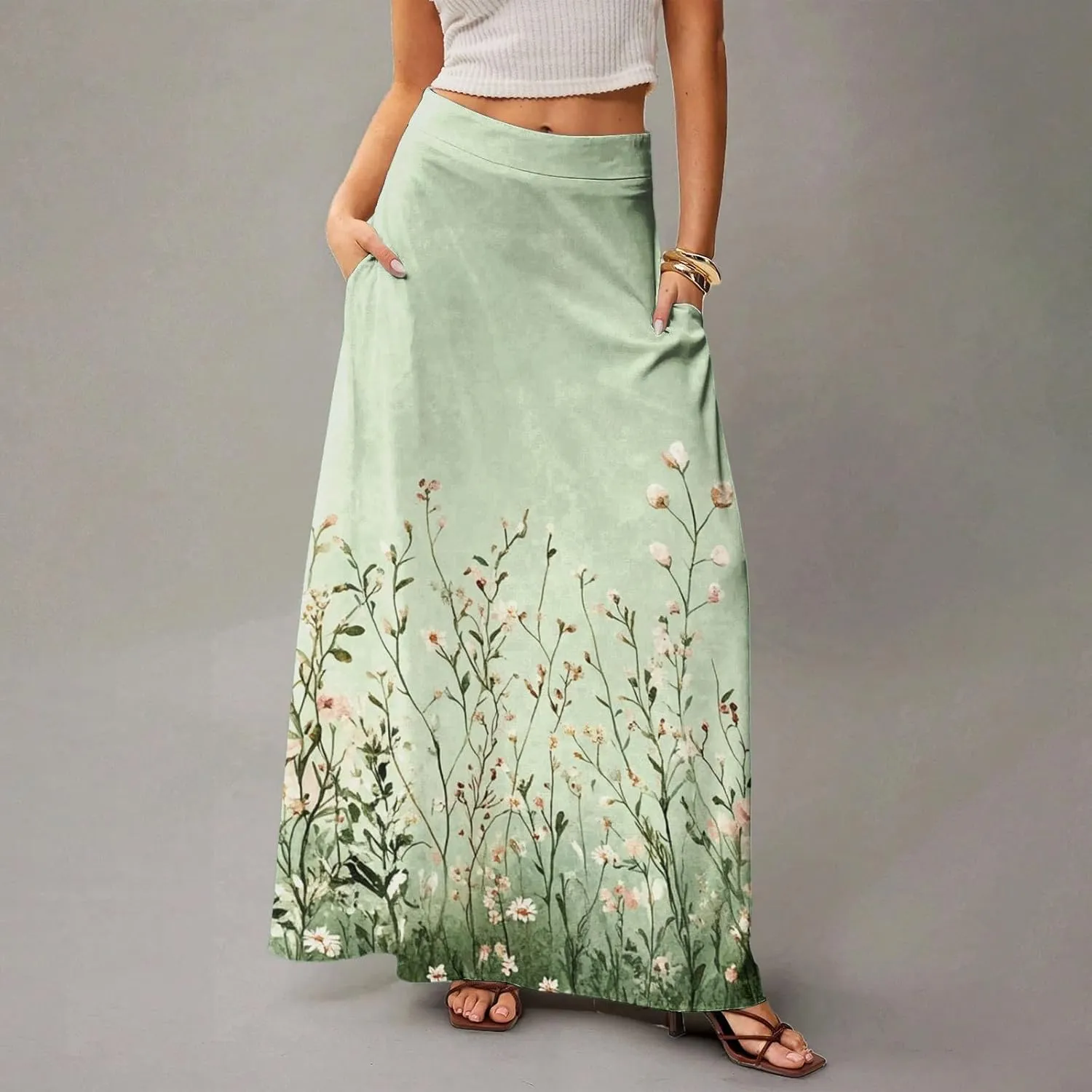 Women's Summer Skirts 2025 Elastic High Waist Flared Maxi Skirts Floral Swing Midi Casual Long Skirt, S-2XL