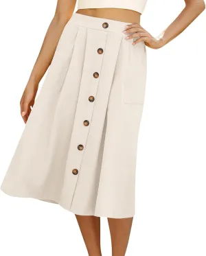 Yesunpxs Womens Summer Skirts Casual Soild Front Button A-Line High Waisted Midi-Skirt with Pockets Beach Vacation Clothes